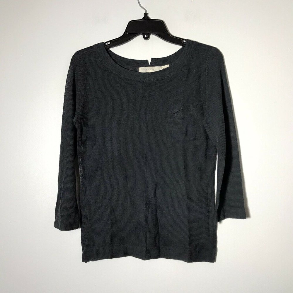 EUC Inhabit Lightweight Viscose Linen Pocket Navy 3/4 Sleeve Top Size Medium